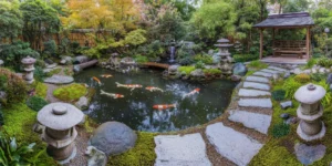 a pond with fish swimming in it how long doi koi fish live