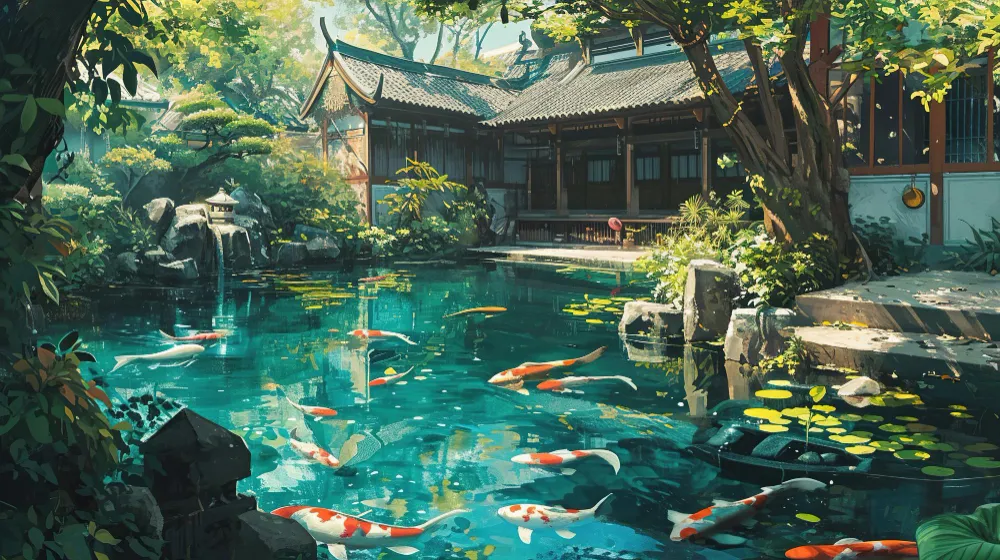 Koi Fish Mythology and old Chinese house with old koi pond 