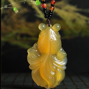 Lucky Goldfish Jade Pendant Necklace — Yellow Agate Chalcedony Good Luck Charm for Wealth & Abundance
