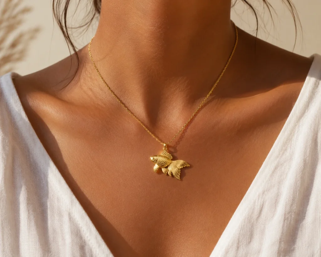 gold-fish-pendant-wearing-necklace
