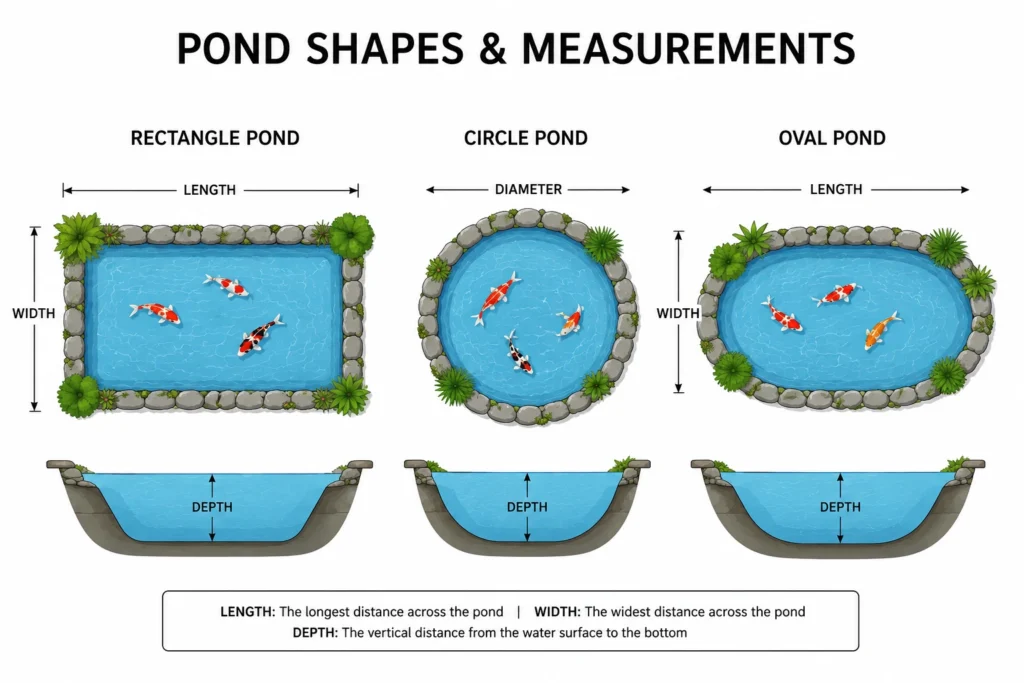 how to measure koi pond volume length width depth