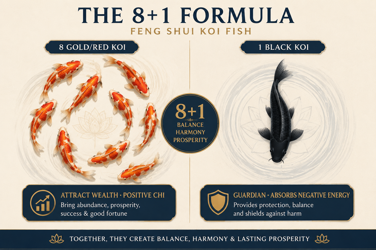 Infographic showing the 9 virtues represented by 9 koi fish — perseverance, courage, strength, kindness, ambition, good luck, prosperity, longevity, and wisdom
