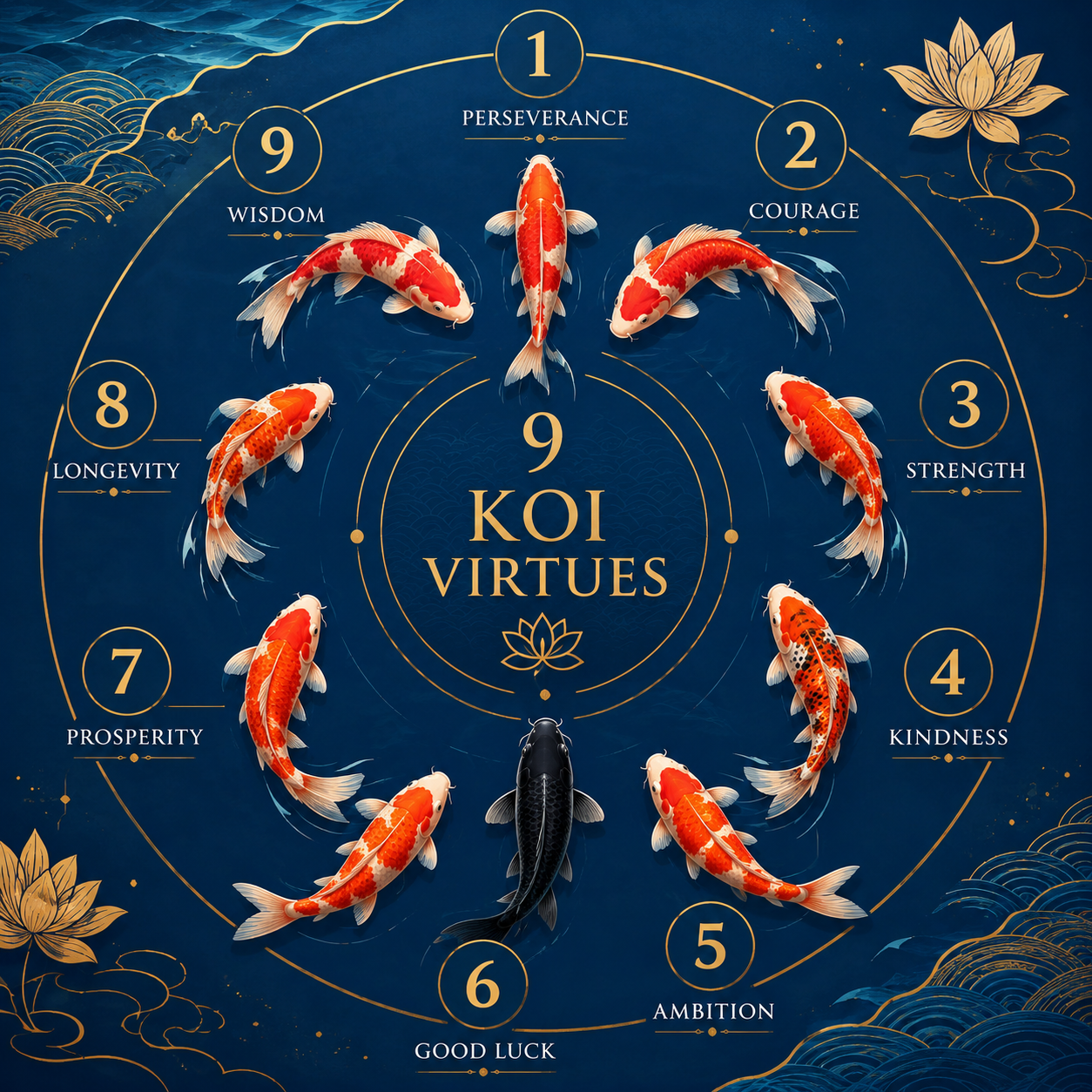 Feng shui 8+1 koi fish formula — 8 red and gold koi attract wealth and positive chi, while 1 black koi acts as guardian absorbing negative energy