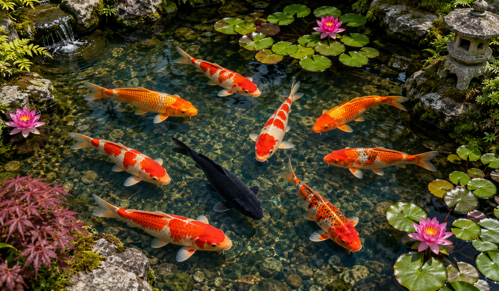 Nine koi fish swimming together in a Japanese garden pond — 8 gold and red koi with 1 black guardian koi, the most auspicious feng shui arrangement