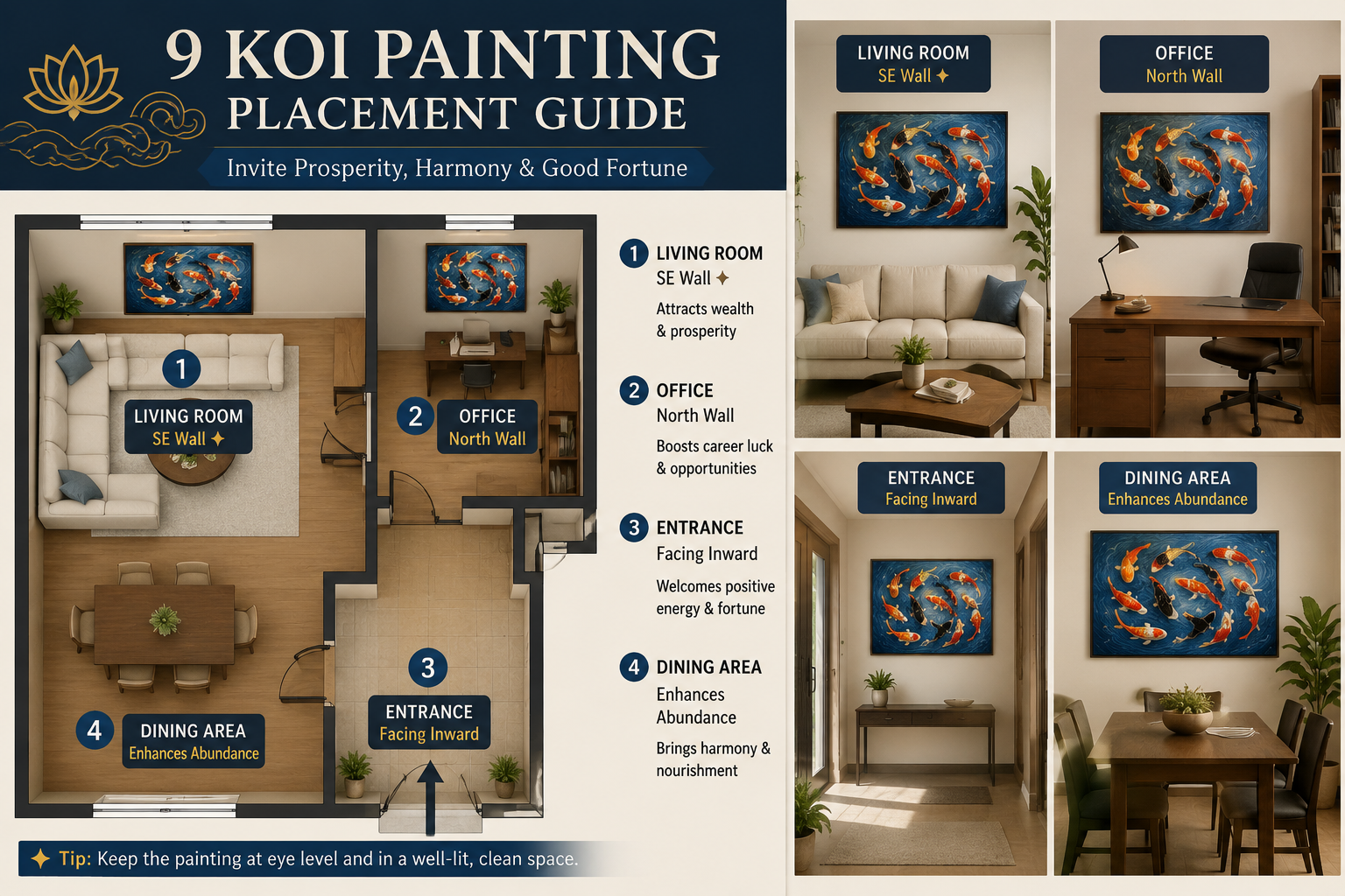 Room-by-room placement guide for a 9 koi fish painting — southeast wall for wealth, north wall for career, entrance facing inward for prosperity