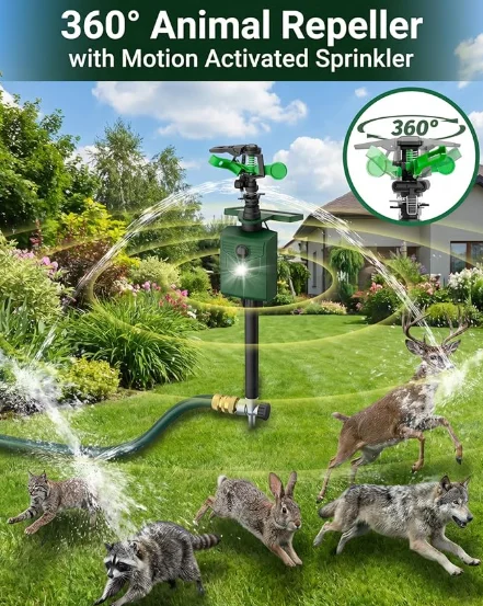 Motion activated solar animal repellent sprinkler for koi pond heron deterrence — automatically fires water when heron approaches protecting koi 24 hours a day