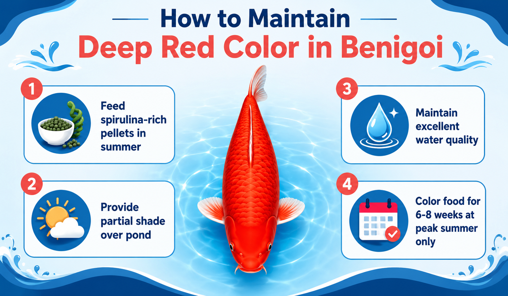 Benigoi koi color maintenance guide — spirulina and carotenoid diet tips to maintain and deepen the red color of Benigoi koi
