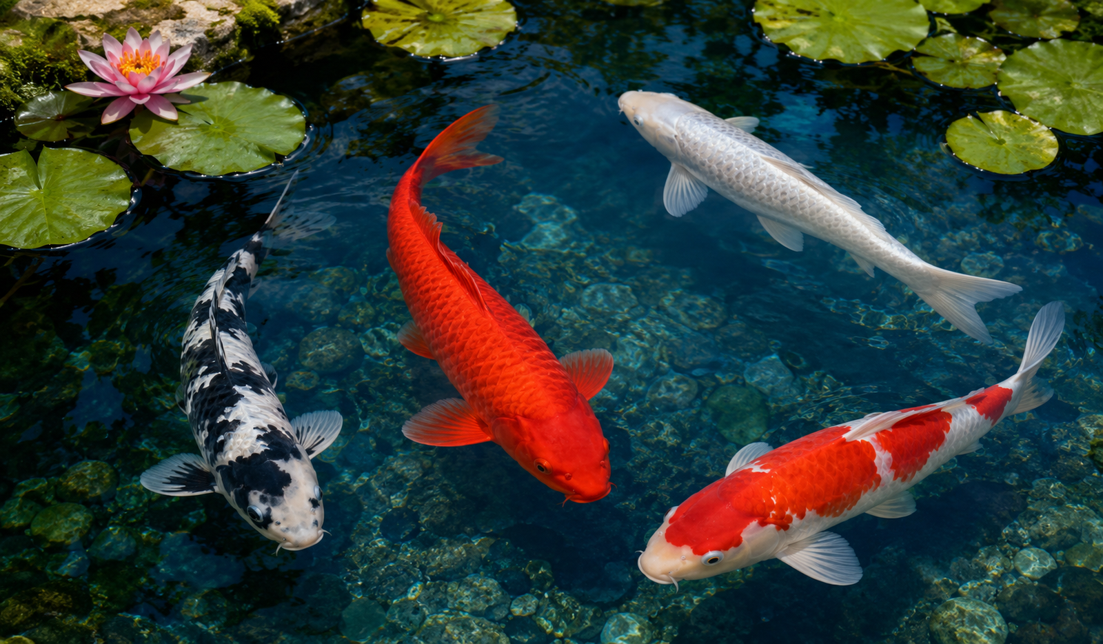 Benigoi koi in a pond — vivid red koi swimming alongside white and black companions, showing the visual impact of Benigoi in a mixed pond
