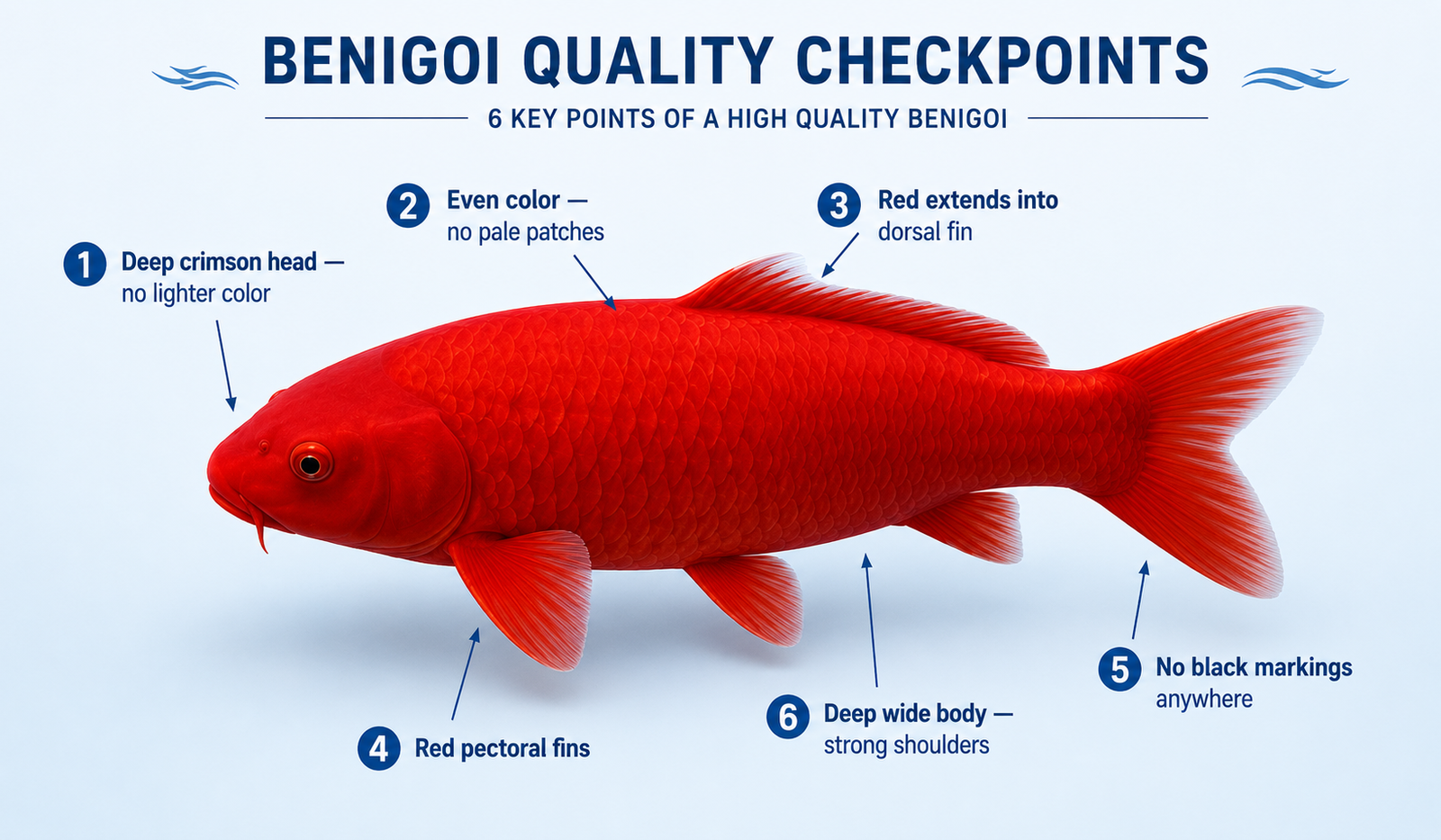 High quality Benigoi koi quality identification guide — deep crimson color, even distribution, clean head, red fins