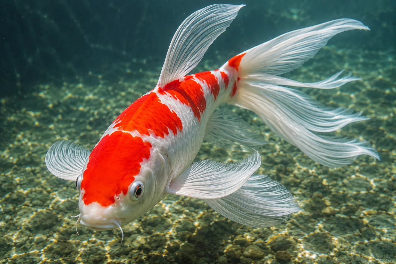 Butterfly koi with healthy undamaged flowing fins in crystal clear pond water — showing what perfect butterfly koi fin condition looks like with no tears, fin rot, or white edges
