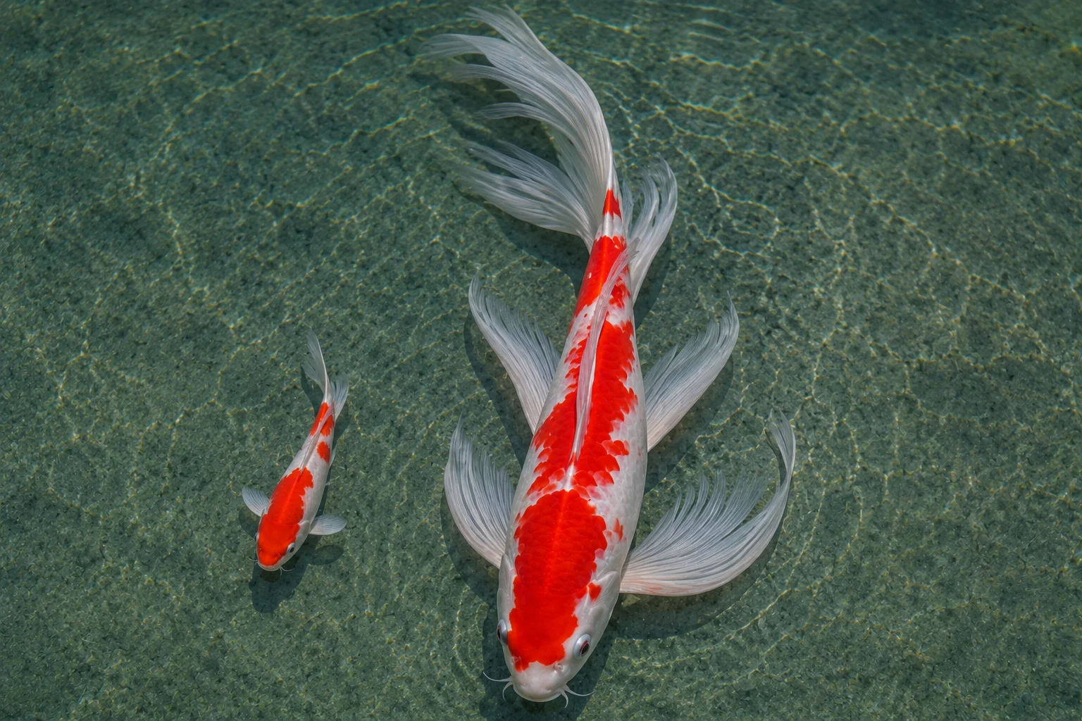 Butterfly koi size comparison showing a small 6-inch juvenile with short forming fins next to a large 30-inch adult with dramatically long flowing fins trailing 18 inches behind