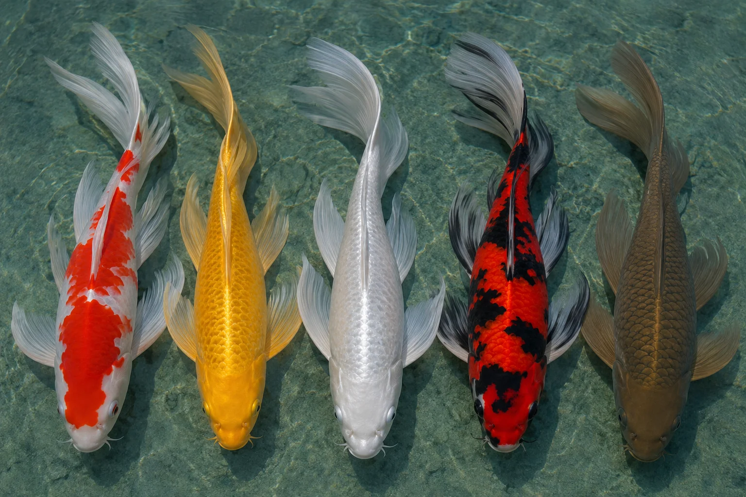 Five butterfly koi varieties side by side — Kohaku red and white, Yamabuki gold, Platinum white, Showa black and red, and Chagoi brown butterfly koi showing their long flowing fins