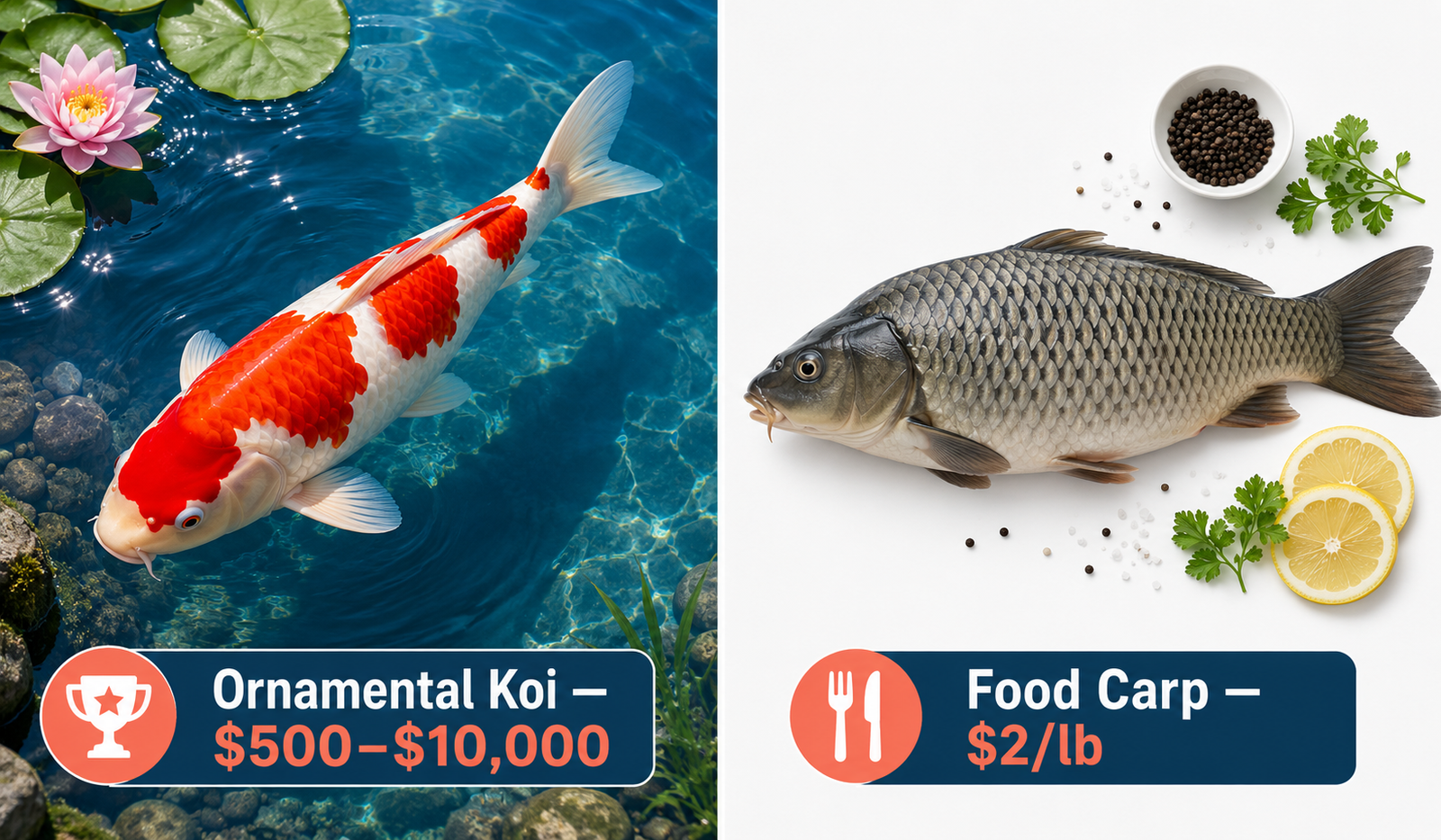 Can you eat koi fish — ornamental koi vs food carp comparison showing why koi are a poor choice for eating