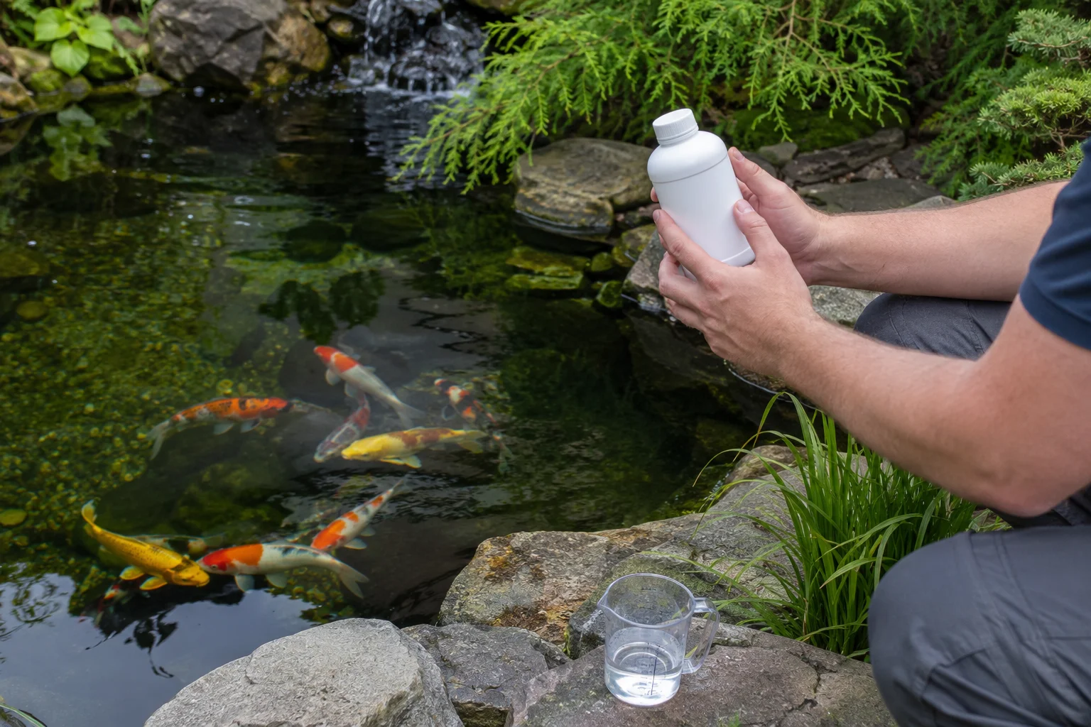 Koi pond keeper holding pond treatment medication beside an ornamental koi pond — illustrating the chemical residues that make ornamental pond koi unsafe to eat