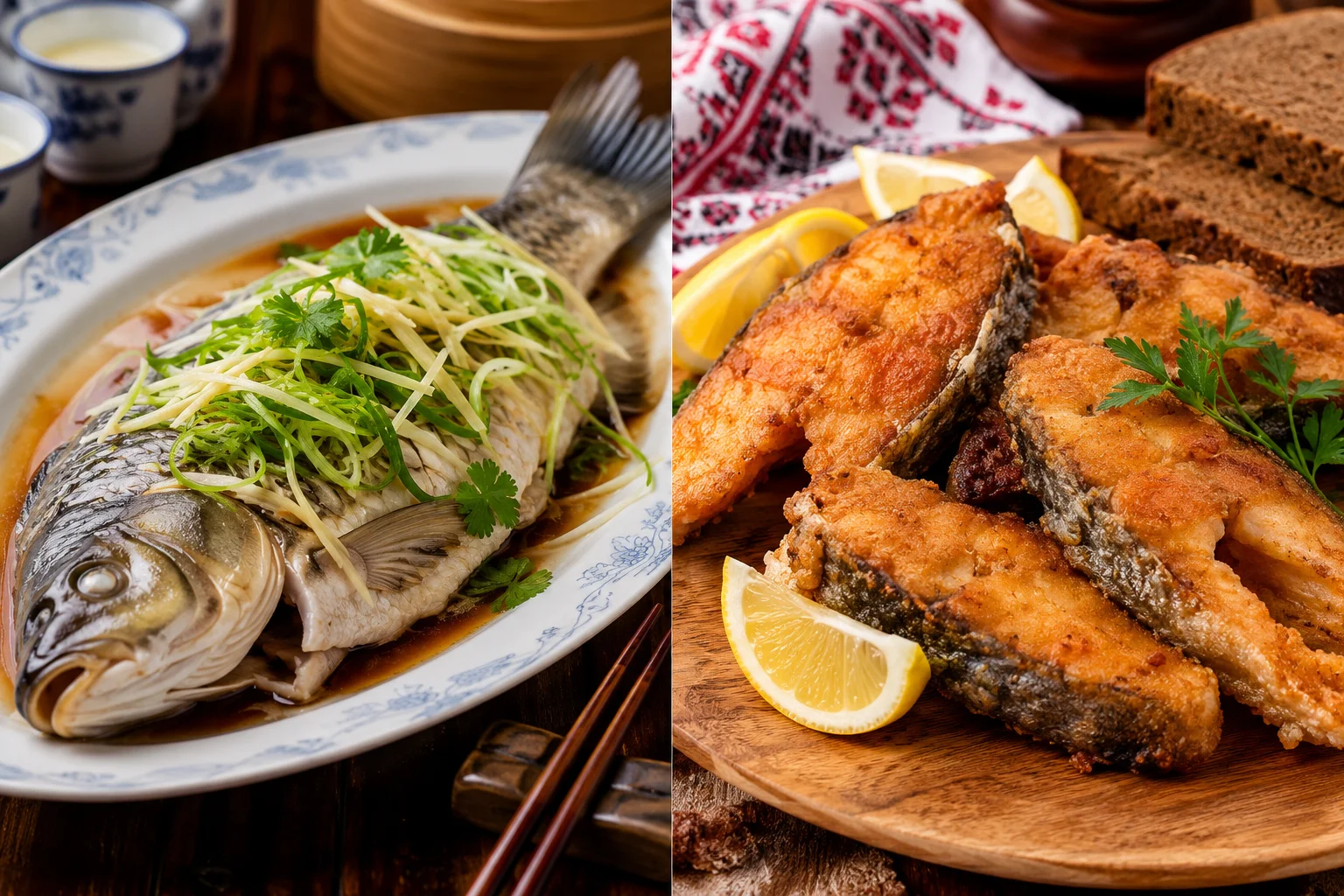 Traditional carp dishes around the world — Chinese steamed whole carp on the left and Eastern European fried carp fillets on the right, showing how food carp (not ornamental koi) is eaten globally