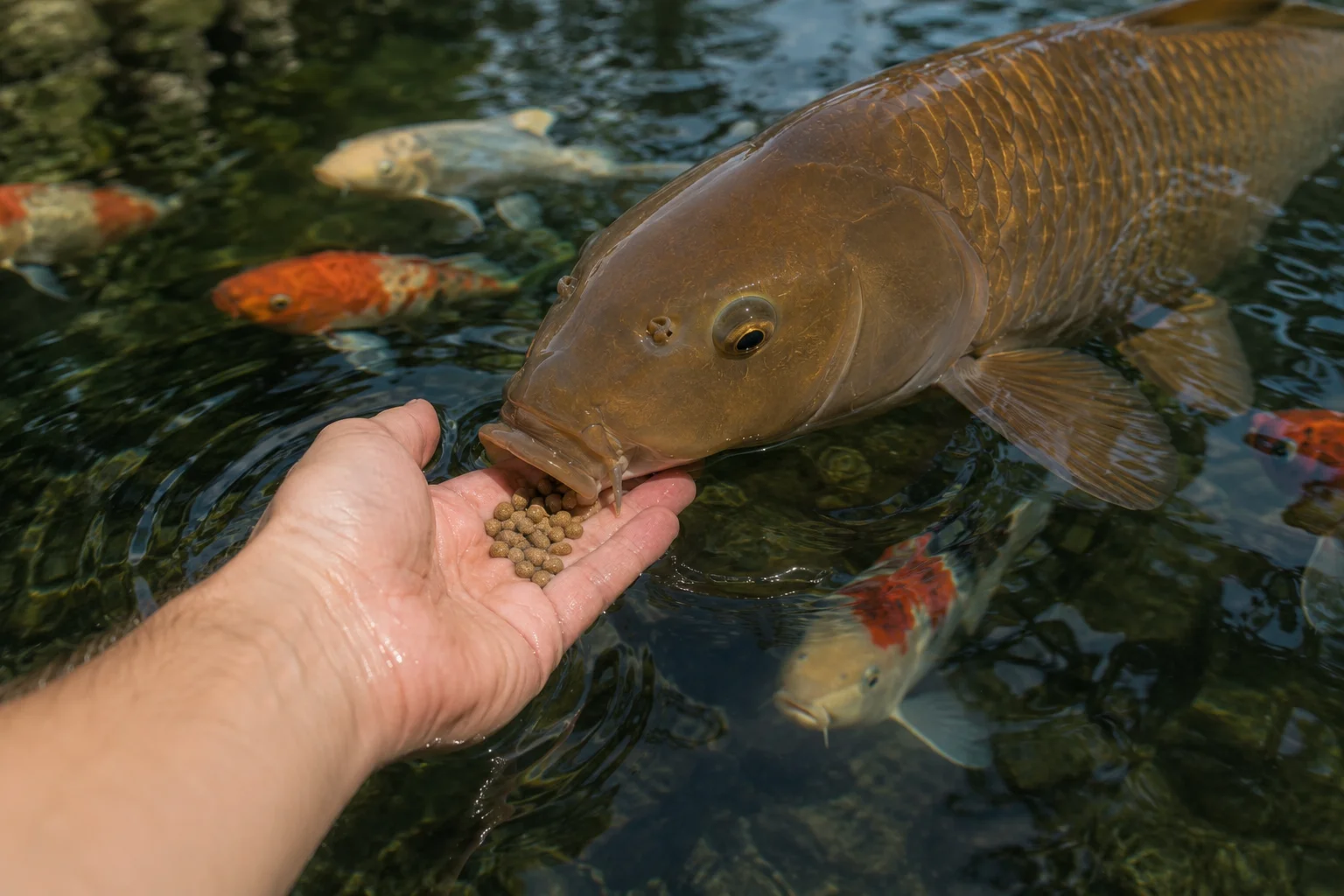 Person hand-feeding a large brown Chagoi koi fish at a pond surface — the koi eating floating pellets directly from an open palm, other koi visible watching in the background