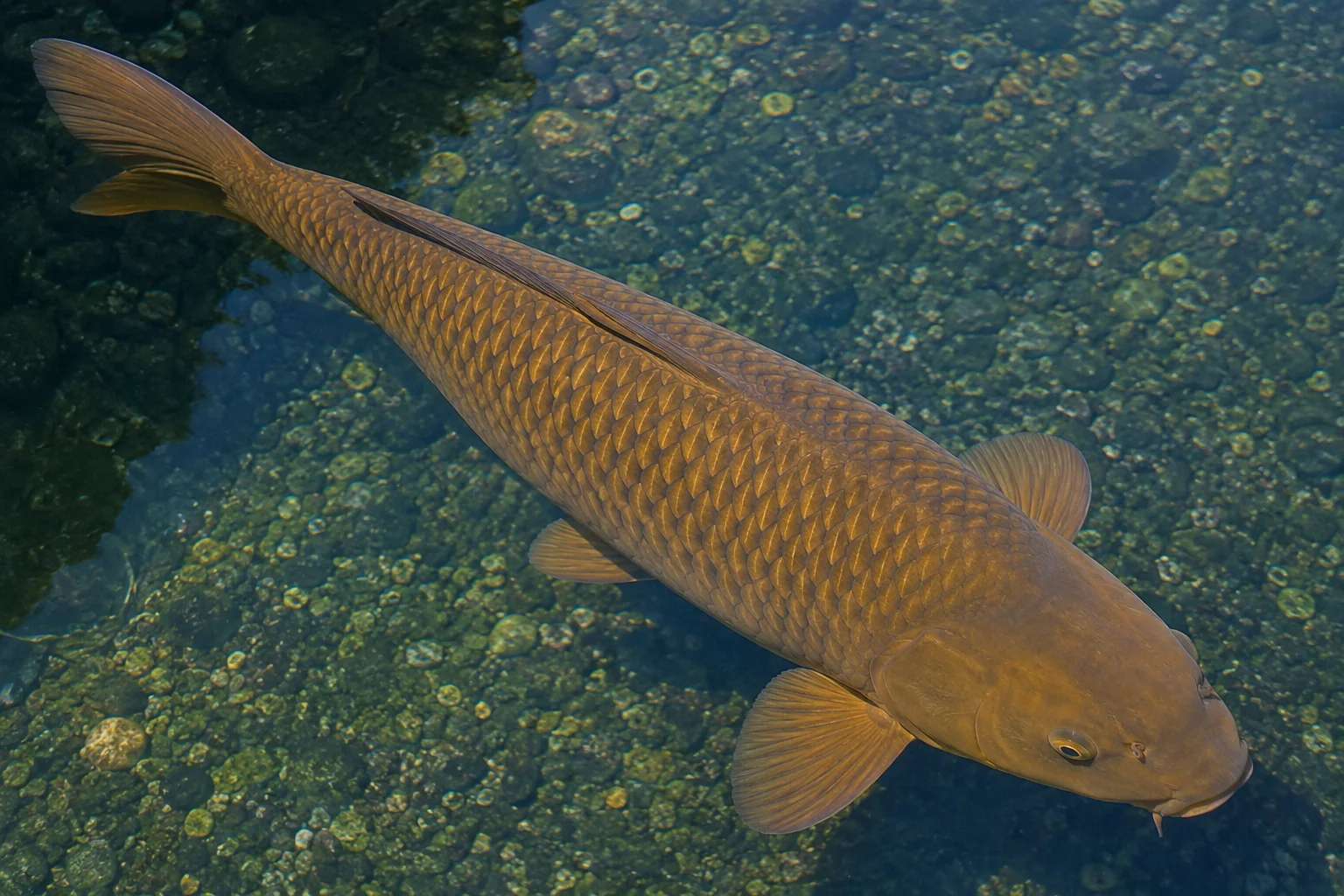 Chagoi koi swimming in a clear pond — large earthy brown koi showing the classic reticulated scale pattern and broad body of the friendliest koi variety