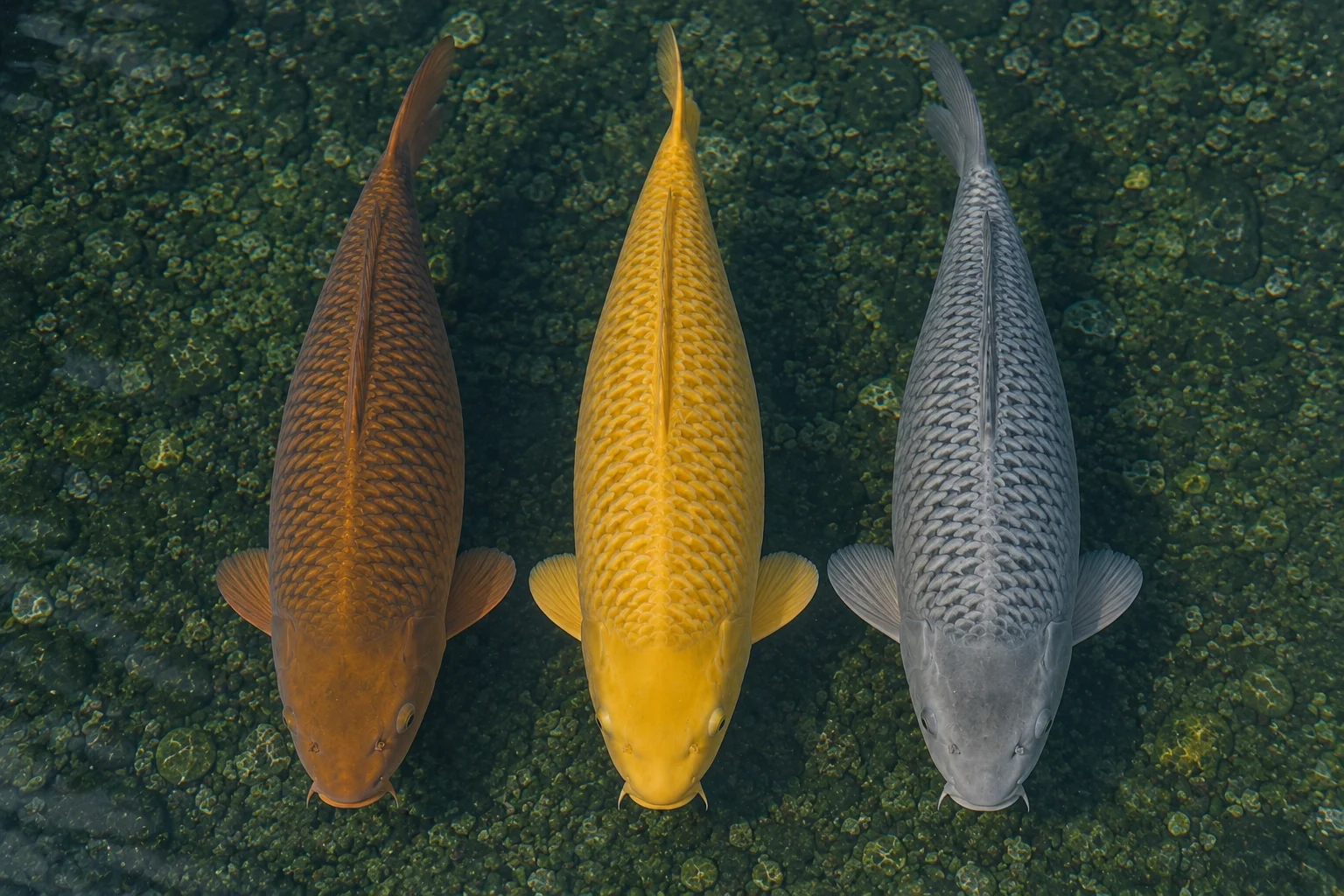Three koi compared side by side — brown Chagoi koi, yellow-mustard Karashigoi koi, and silver-grey Soragoi koi showing color differences between these three related friendly varieties