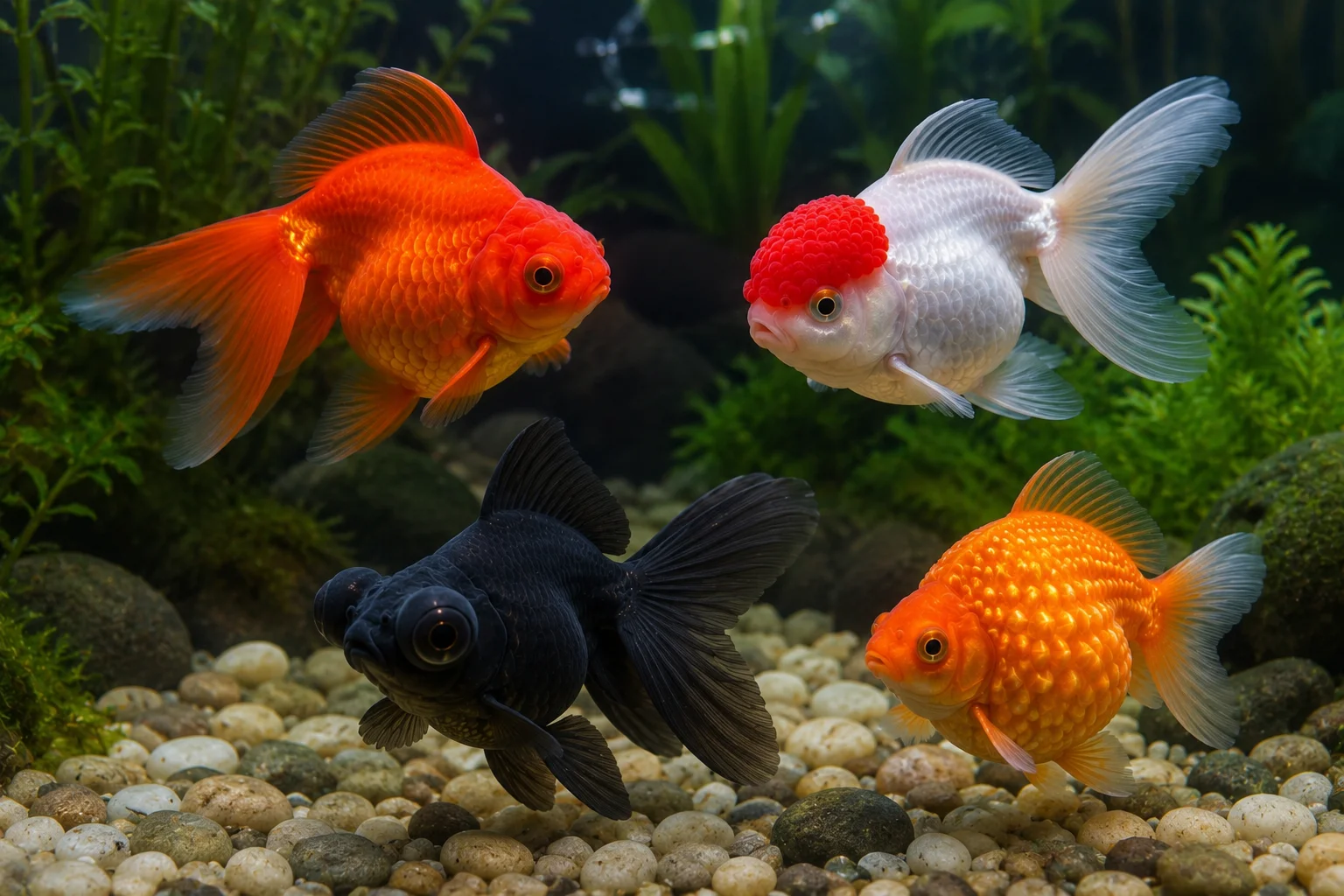 Fancy goldfish aquarium showing Oranda with head growth, Ryukin with dorsal hump, Black Moor with telescope eyes and Pearlscale goldfish with pearl-like scales
