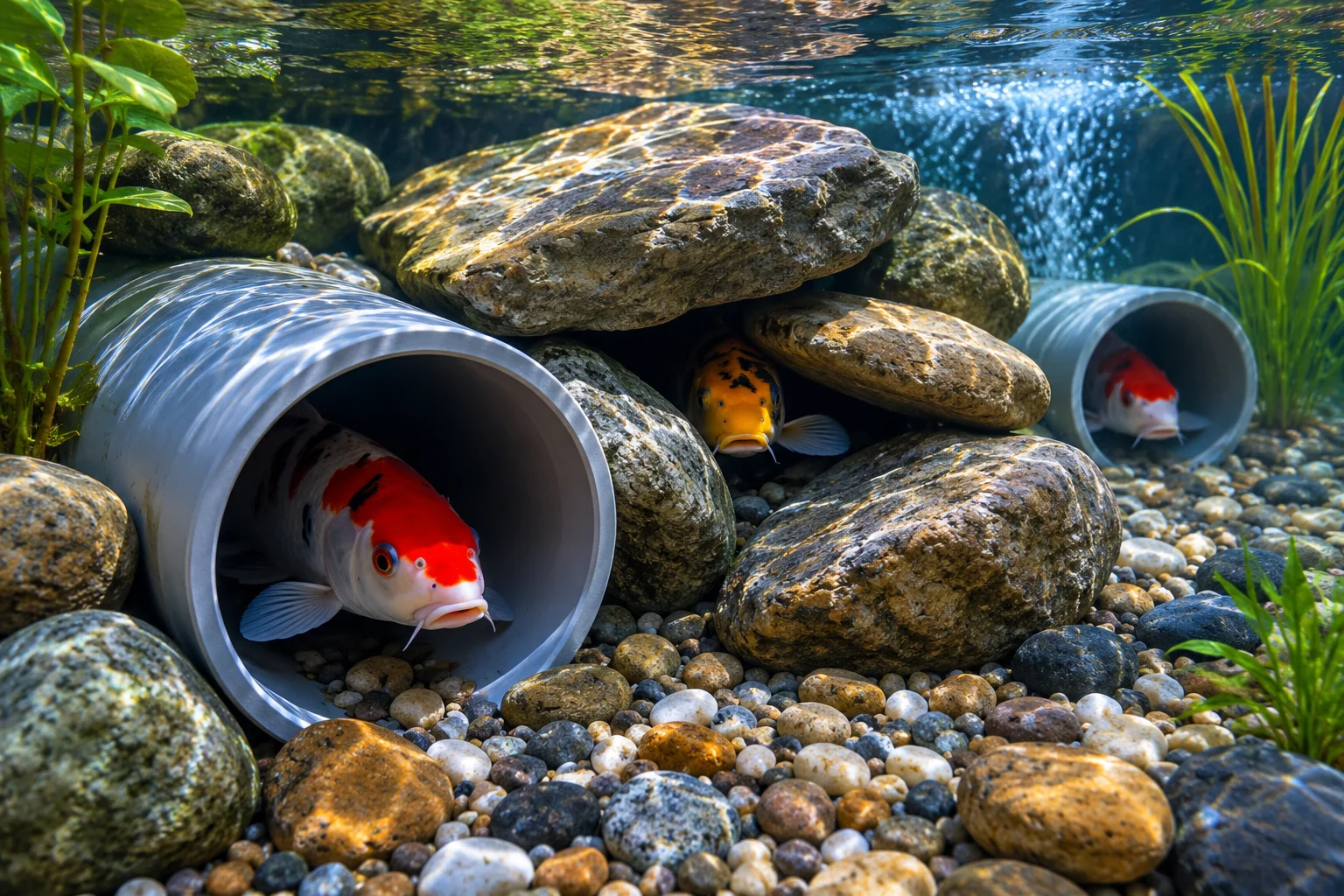 Fish cave in a koi pond — pipe and cave hiding places for koi fish to retreat from heron predation and other pond predators
