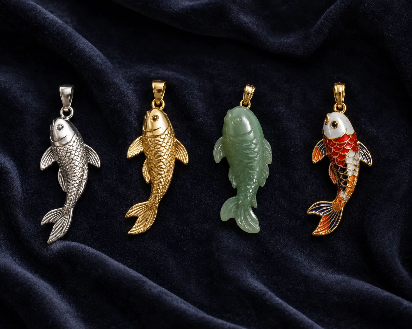 Collection of fish pendants in silver, gold, jade and koi designs representing different cultural meanings and spiritual traditions