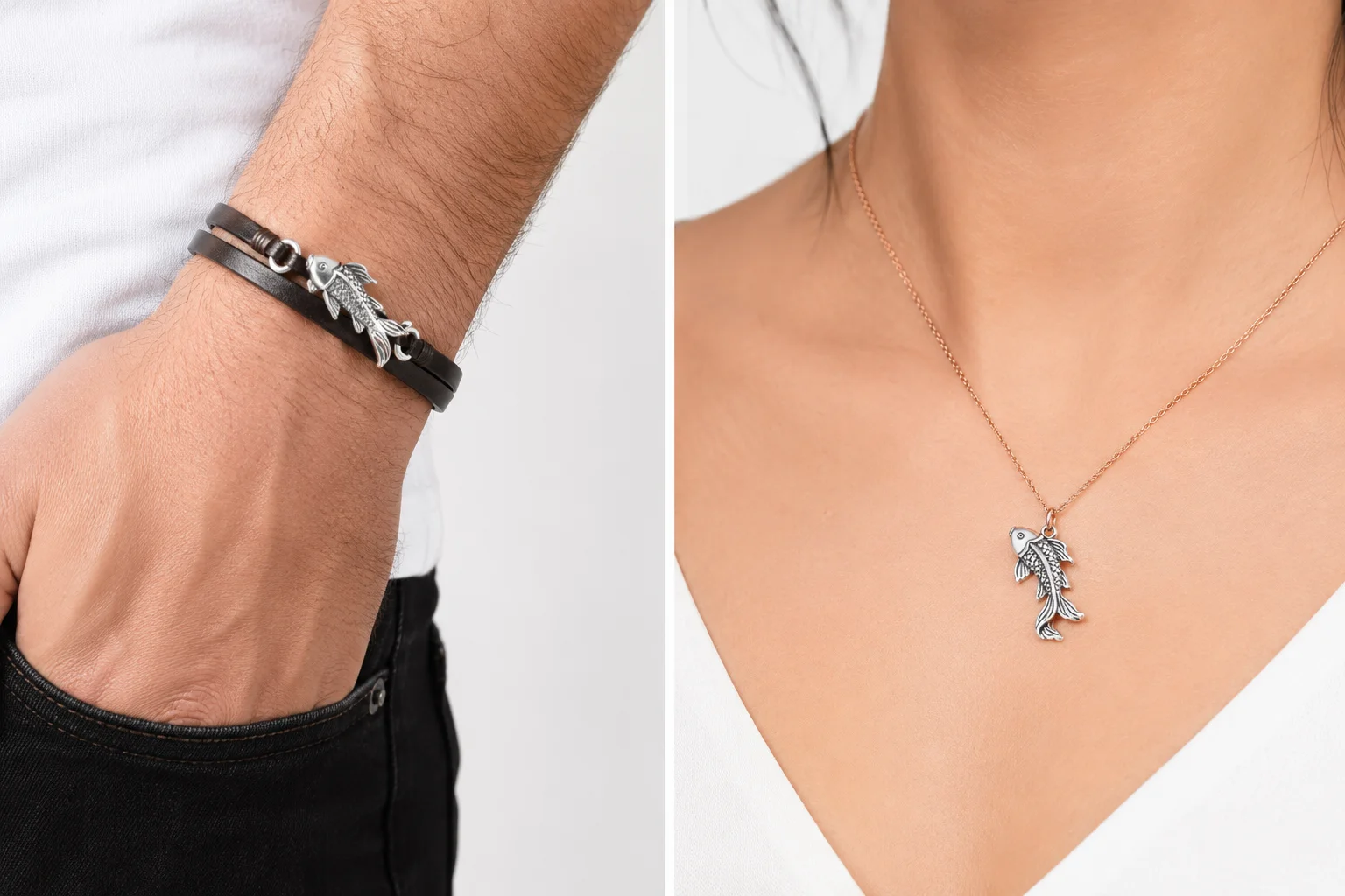 Fish pendant for men and women โ left: man wearing silver koi fish bracelet on leather cord, right: woman wearing delicate silver fish pendant necklace