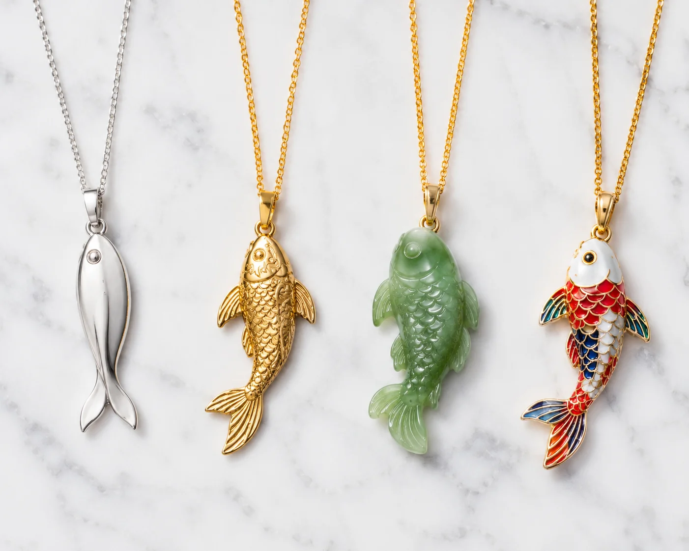 Four fish pendant types side by side: silver fish pendant, gold fish pendant, jade fish pendant, and colorful koi fish pendant