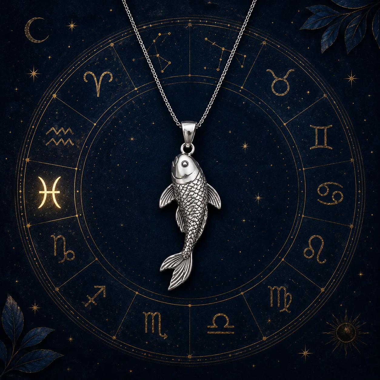 Fish pendant and zodiac wheel showing which astrology signs benefit most from wearing fish jewelry โ Pisces, Cancer, Scorpio