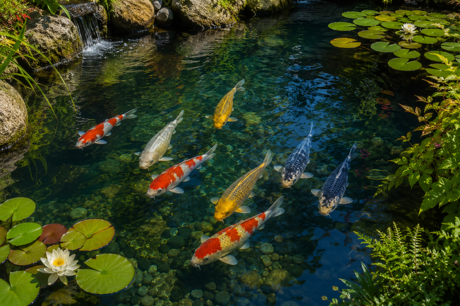 Well-maintained outdoor koi pond with Goshiki koi swimming, showing clear water, aquatic plants, and ideal pond depth for koi