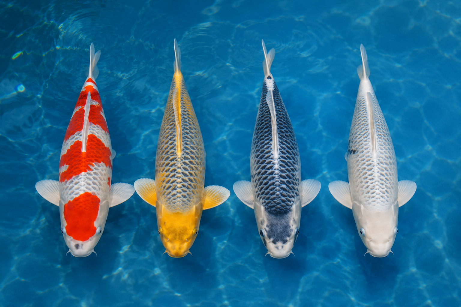 Four Goshiki koi subtypes compared side by side: Aka Goshiki (red), Ki Goshiki (yellow), Ai Goshiki (indigo), Shiro Goshiki (white)