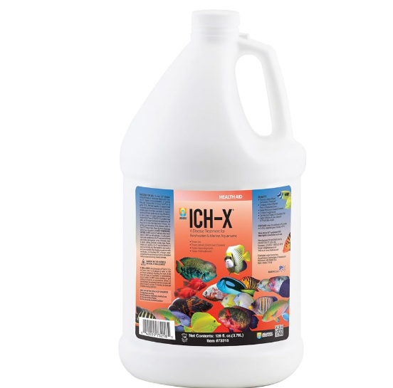 Hikari Ich-X 1 gallon koi ich treatment — formalin and malachite green white spot treatment for koi ponds