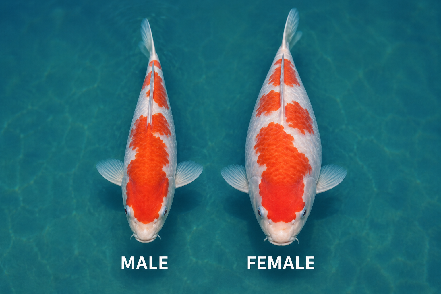 How to tell male from female koi fish — male koi (slim, streamlined) vs female koi (rounder belly) side by side comparison