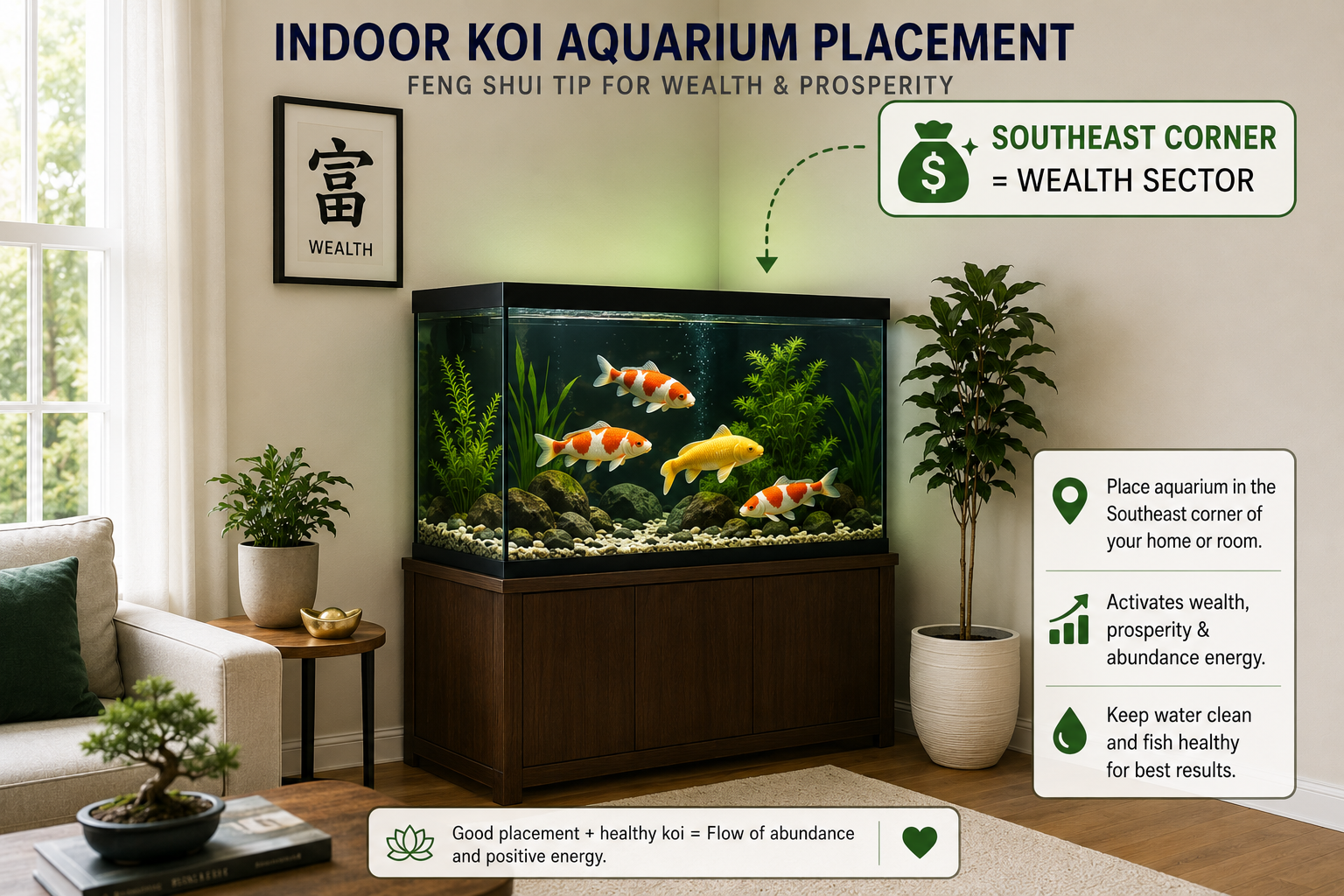 Indoor koi aquarium placed in the southeast corner of a living room for feng shui wealth luck