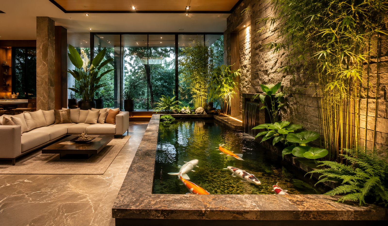 Indoor koi pond in a living room — built-in pond with colorful koi, natural stone, and indoor plants