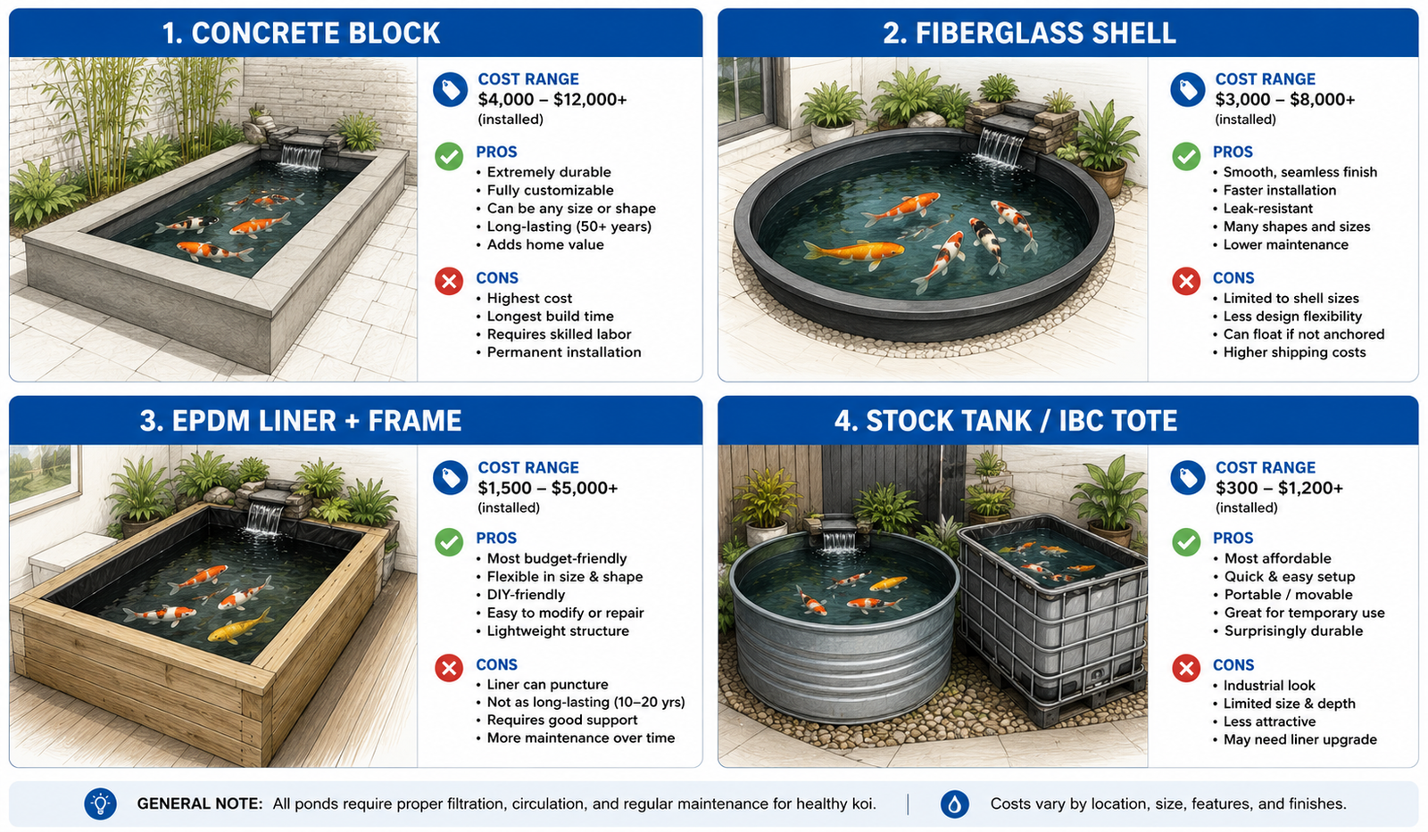 Indoor koi pond build types compared — concrete block, fiberglass, EPDM liner frame, and stock tank options for indoor koi ponds
