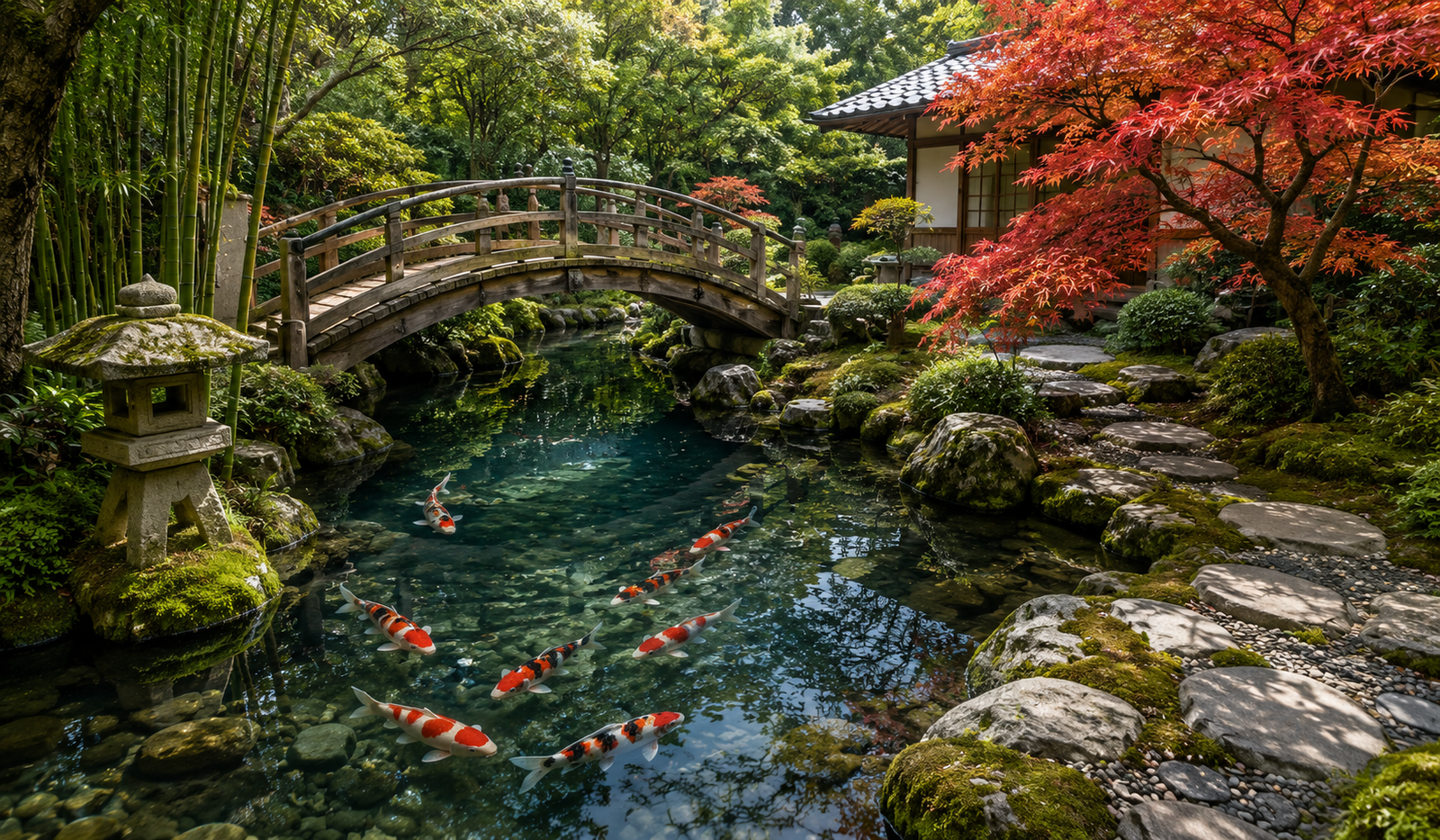 Koi Pond Design Ideas: 12 Styles for Every Budget & Space 2 Japanese garden koi pond — serene design with stone lantern, arched wooden bridge, bamboo, water lilies, and colorful koi
