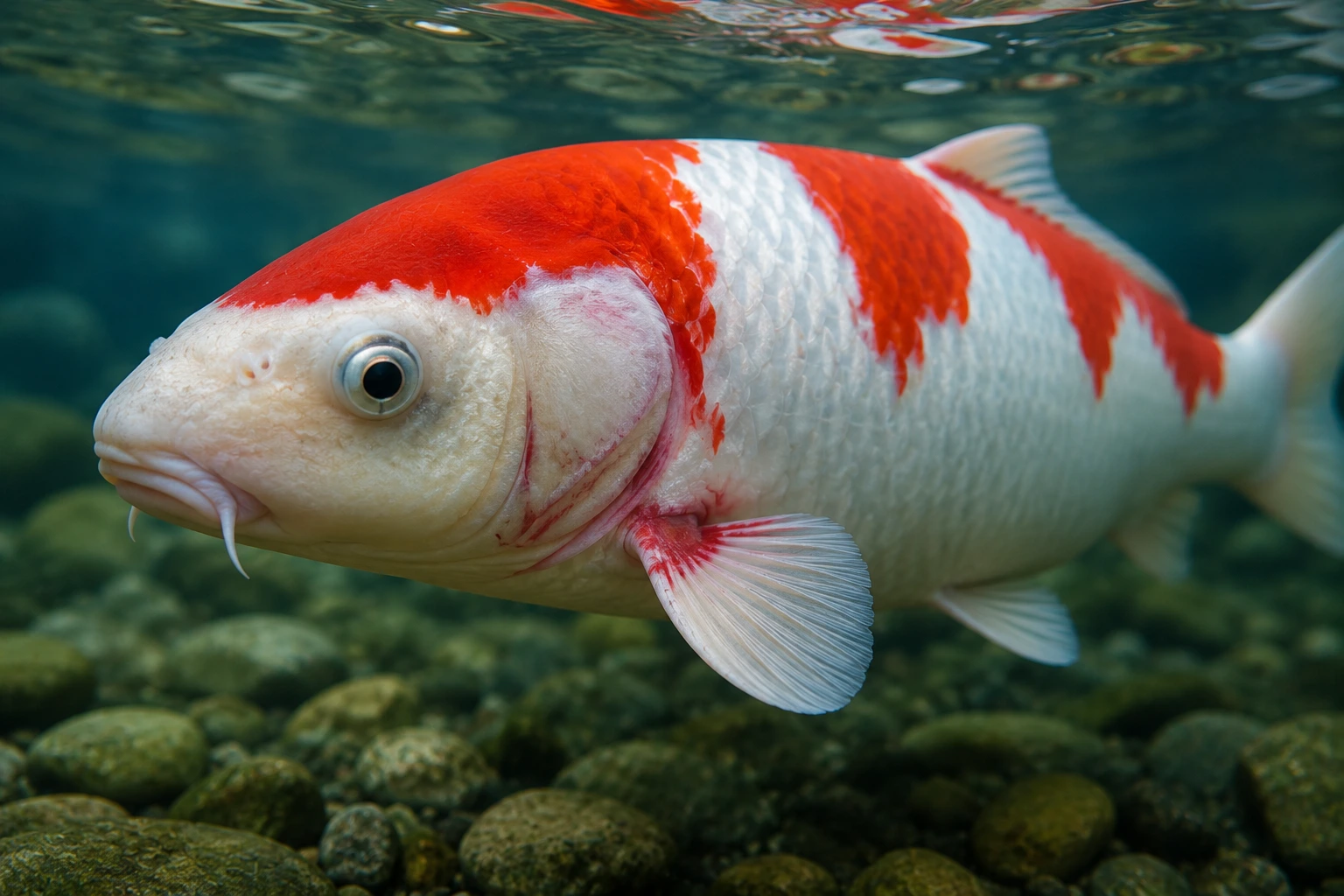 Koi fish with clamped fins and reddened gill area — visible signs of ammonia poisoning and water quality stress