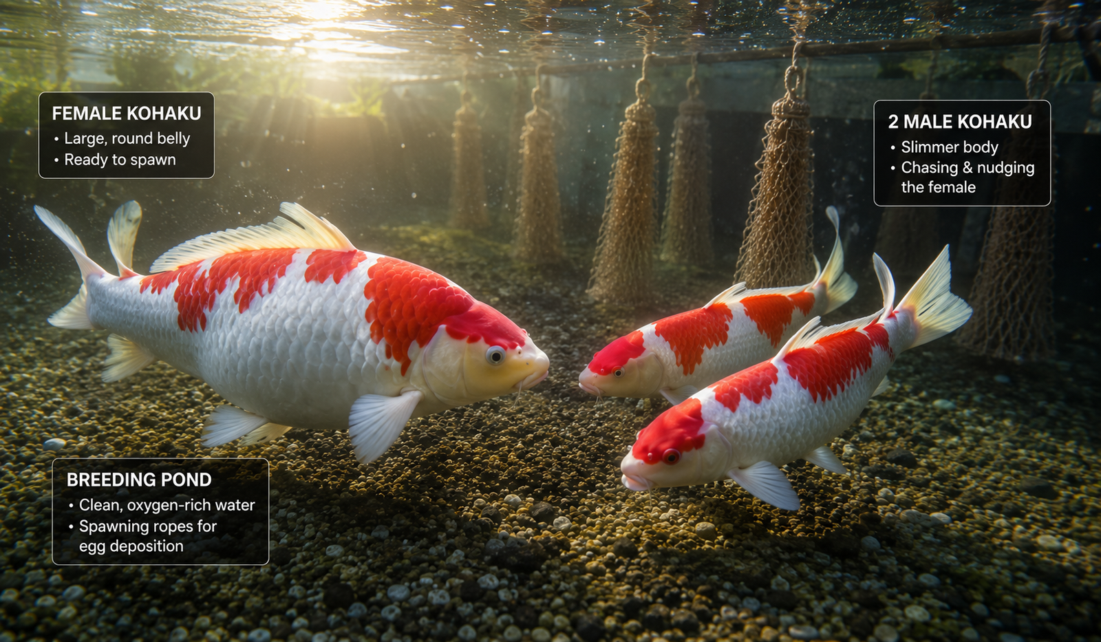 How to breed koi fish — female Kohaku and male Sanke in a breeding pond at dawn with spawning ropes