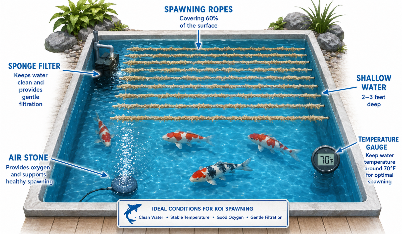 Koi breeding pond setup — spawning ropes, gentle filtration, and shallow water setup for koi spawning