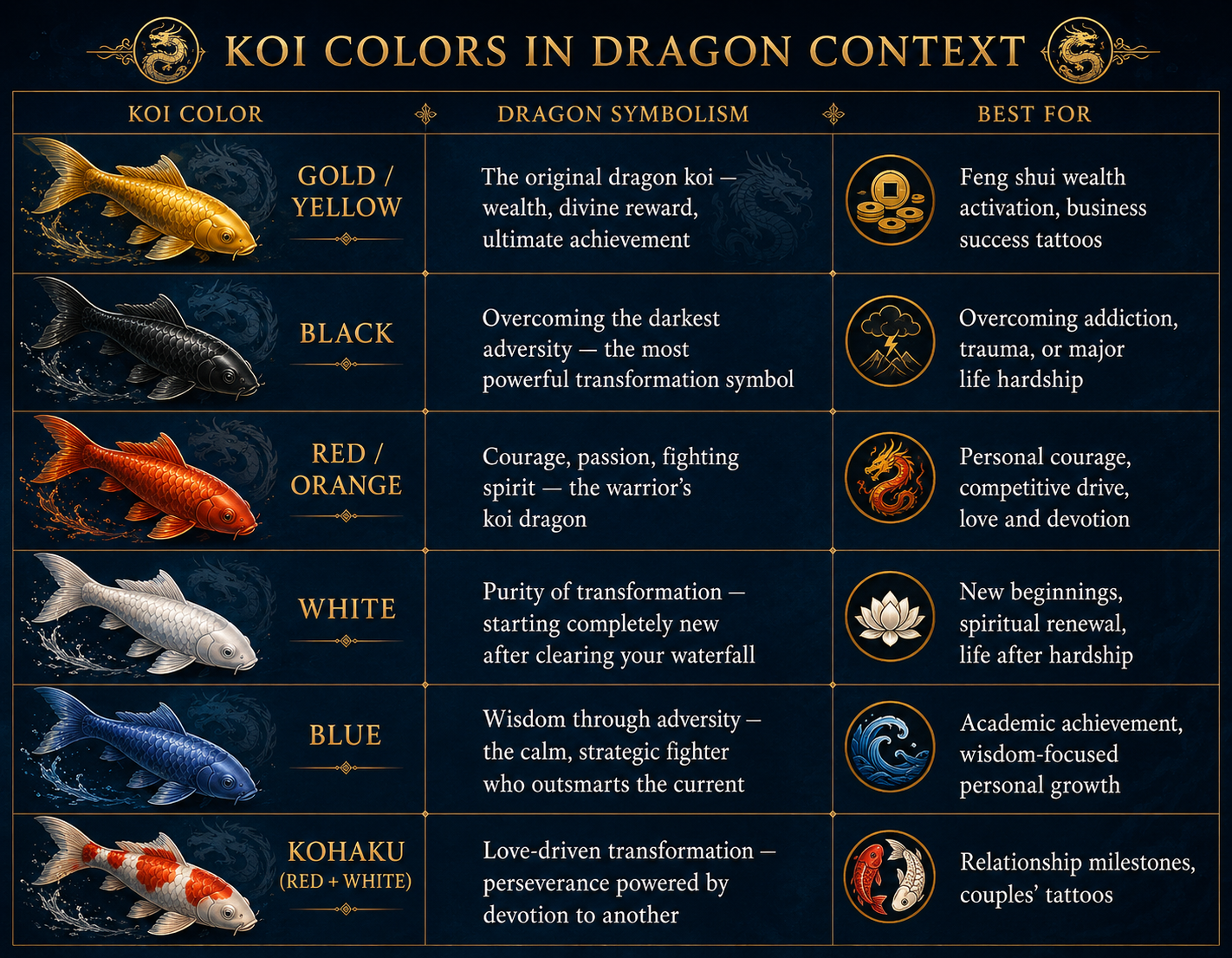 koi dragon color meaning chart gold black red white blue kohaku symbolism