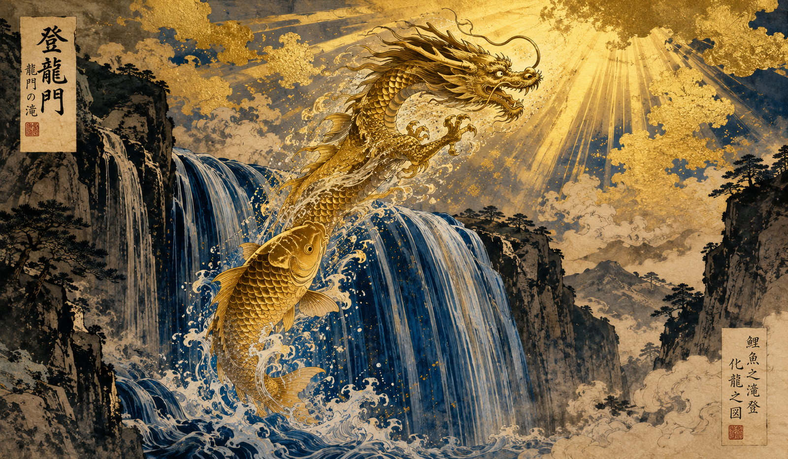 Dragon Gate legend illustration — koi fish leaping a great waterfall and transforming into a golden dragon, ancient Japanese mythology