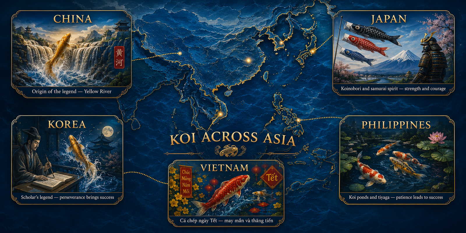 koi dragon legend across cultures China Japan Korea Vietnam Philippines map