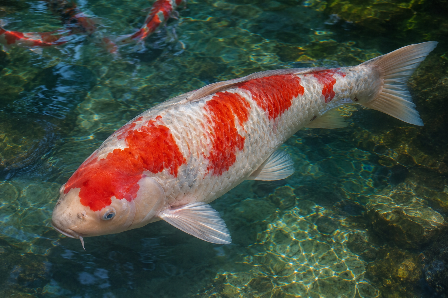 Large elderly koi fish swimming slowly in a pond — showing the calm deliberate movement and large mature body of an older koi over 20 years old