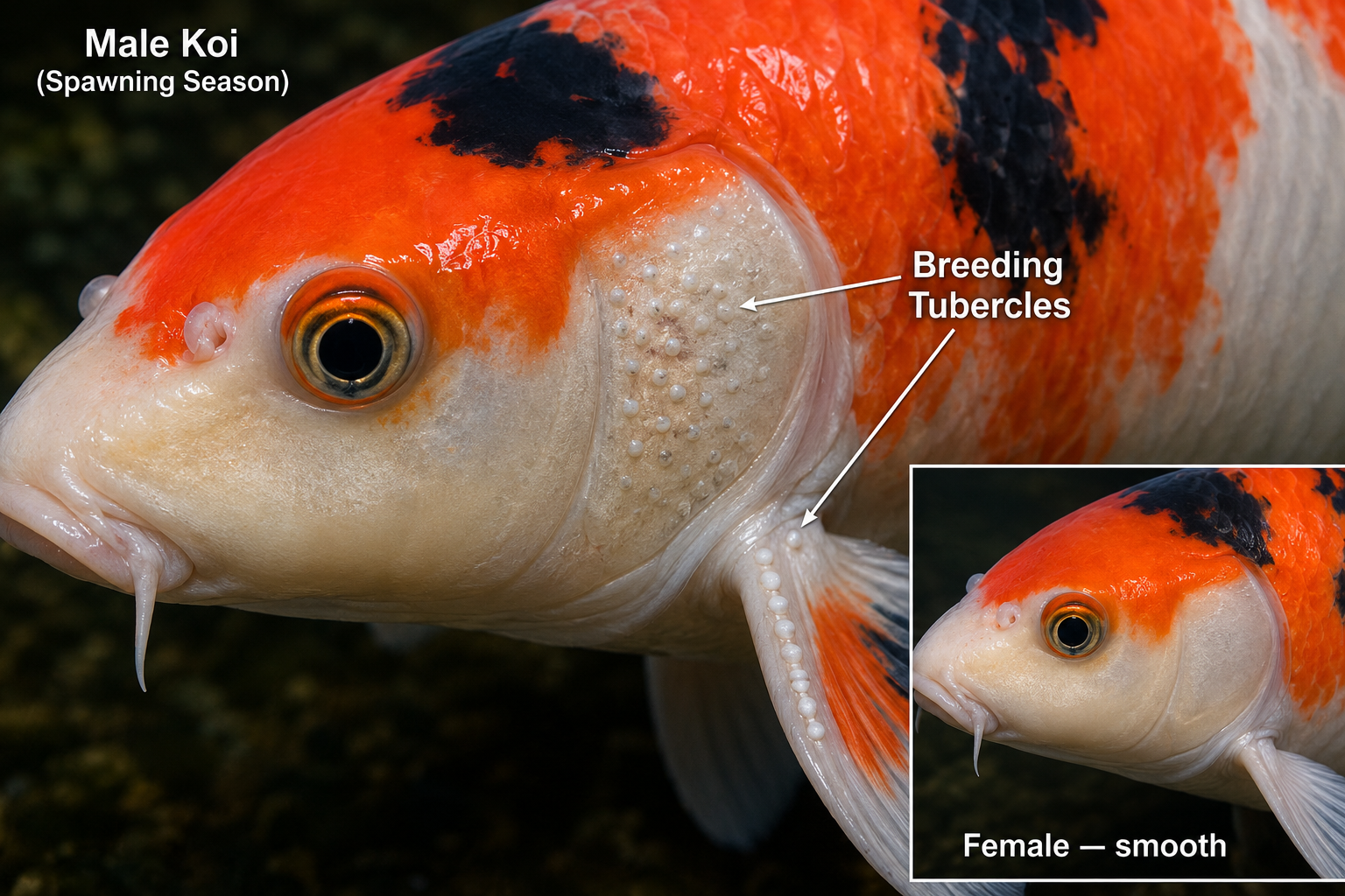 Koi fish breeding tubercles on male — white bumps on gill plate and leading pectoral fin ray, visible during spawning season only