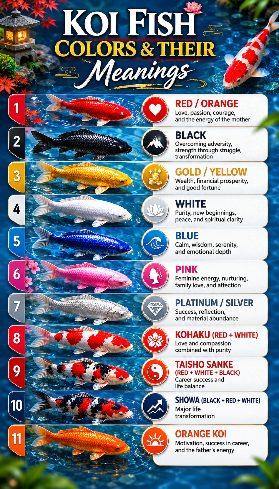 koi fish color meaning chart red black gold white blue pink platinum infographic