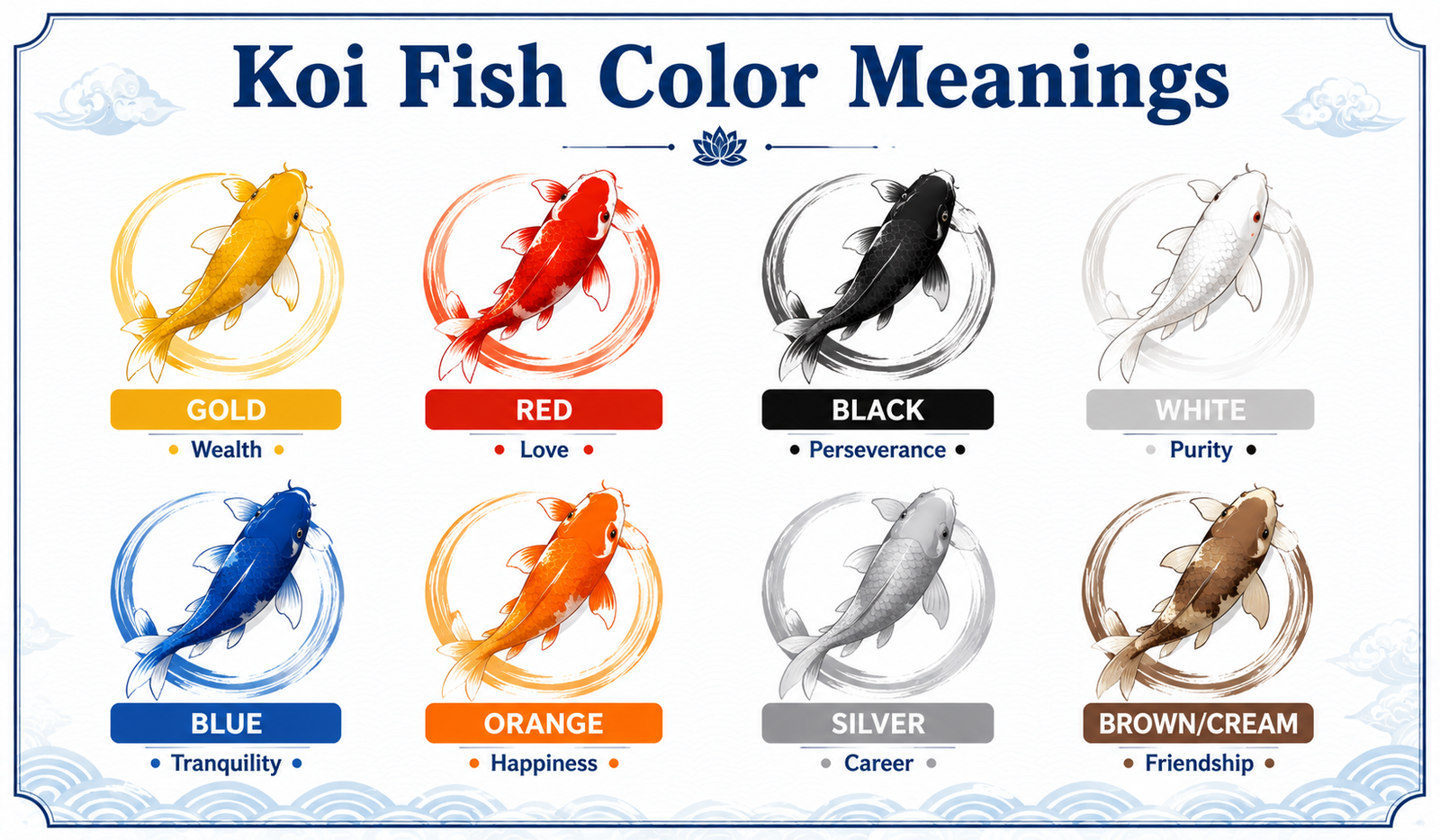 Koi fish color meanings chart — gold for wealth, red for love, black for perseverance, white for purity, blue for peace, orange for happiness