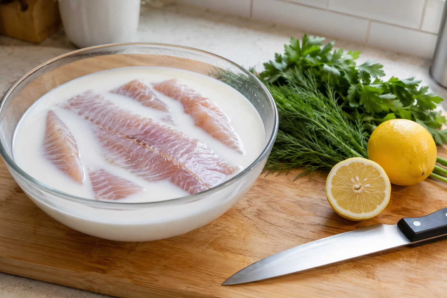 Raw carp fish fillets soaking in milk in a bowl on a cutting board — the depuration process used to remove the muddy geosmin taste from carp and koi fish before cooking