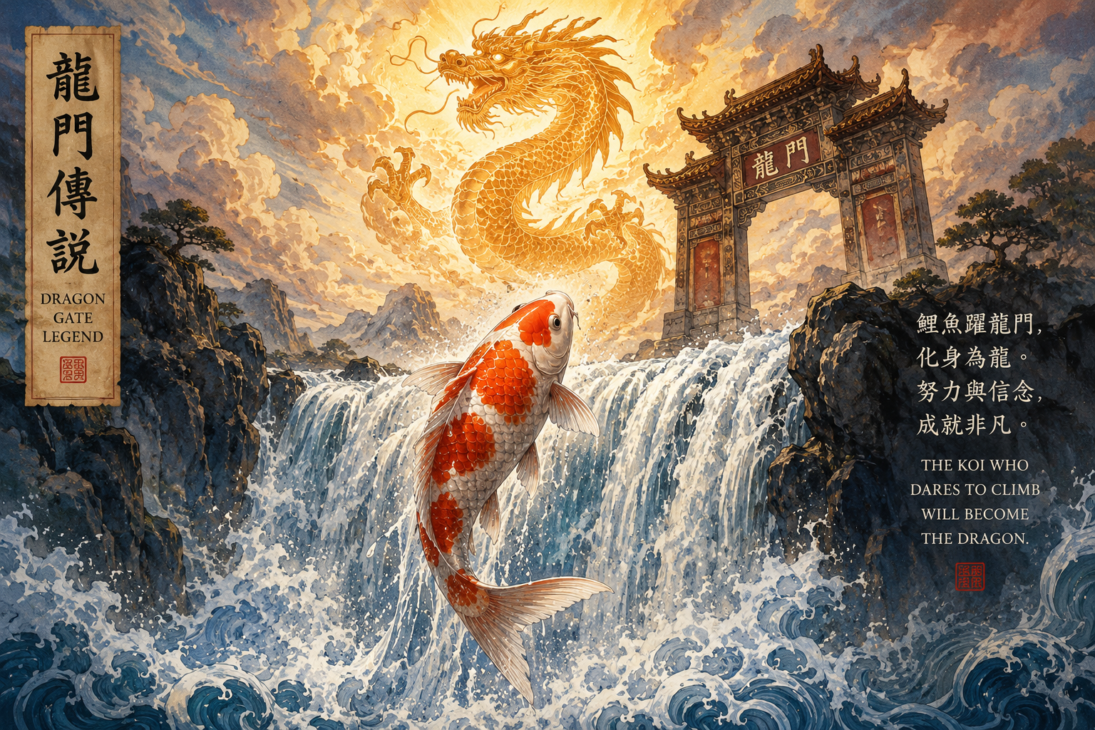 The Dragon Gate legend — a koi fish leaping over a waterfall and transforming into a dragon, the ancient Chinese symbol of perseverance and ultimate achievement