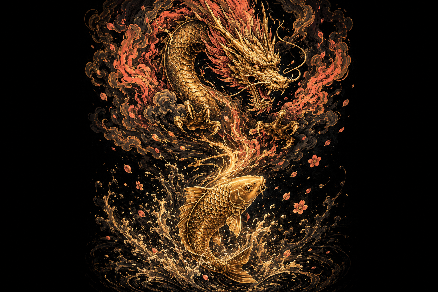 Koi fish dragon tattoo showing the koi mid-transformation into a dragon at the Dragon Gate — representing the ultimate symbol of perseverance and achieved transformation