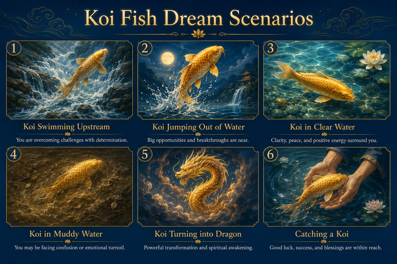 koi fish dream scenarios meaning swimming upstream jumping catching turning into dragon